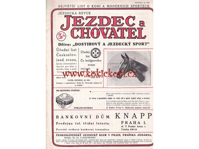 ČASOPIS JEZDEC A CHOVATEL - DVOJČÍSLO 23-24 ROK 1933 - POŠKOZENO VIZ POPISEK