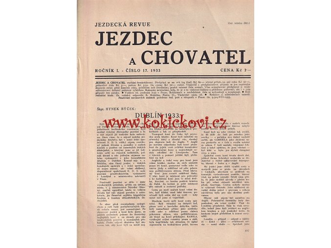 ČASOPIS JEZDEC A CHOVATEL - ČÍSLO 17 ROK 1933 - OBÁLKA ODDĚLENA VIZ POPISEK