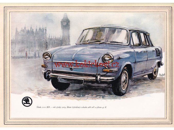 ŠKODA 1000 MB R.V. 1964 - REKLAMNÍ KRESBA REPRODUKCE - VLADIMÍR BIDLO - 1970 - 34 x 24,5 cm