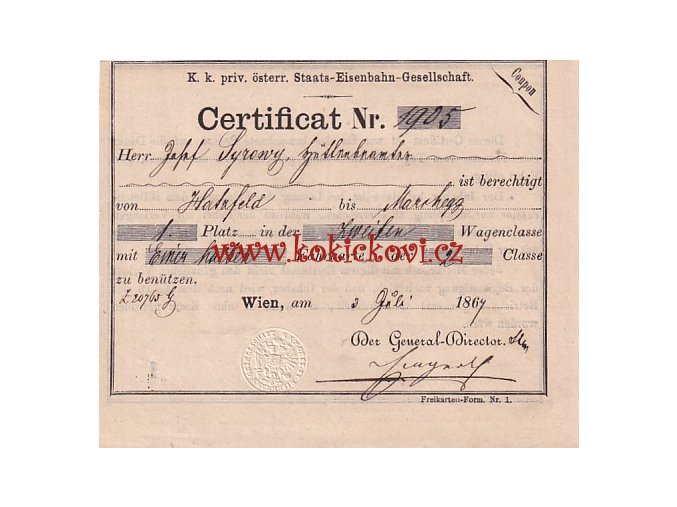 ŽELEZNICE JÍZDENKA 1867 - K.k. priv. Österr. Staats-Eisenbahn-Gesellschaft certificat 1867 fahrkarten