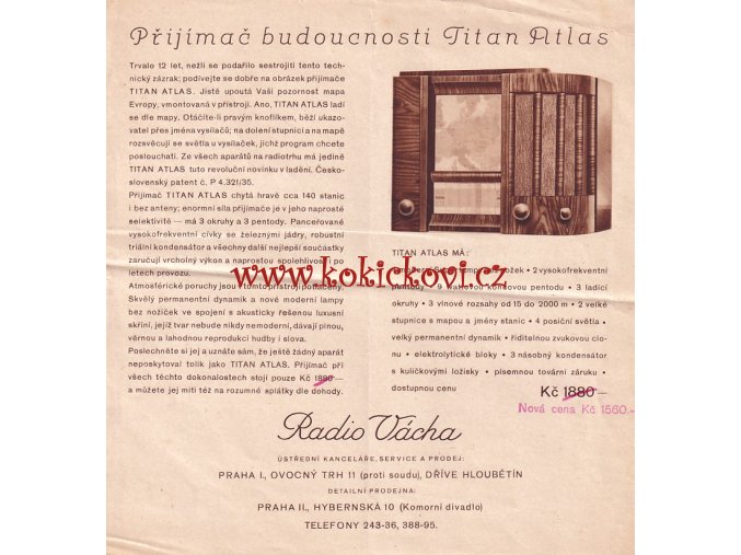 RADIO TITAN ATLAS - NABÍDKA PRODEJCE RADIO VÁCHA - 1936 - REKLAMNÍ LETÁK