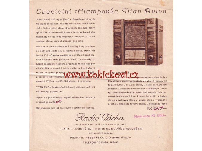 RADIO TITAN AVION - NABÍDKA PRODEJCE RADIO VÁCHA - 1936 - REKLAMNÍ LETÁK