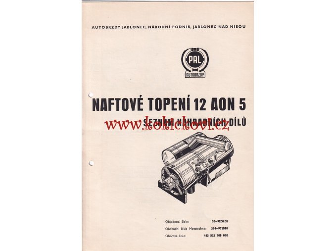 PAL - naftové topení 12 AON 5 - seznam náhradních dílů - 1971