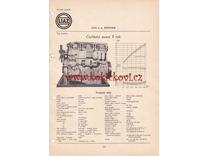ČTYŘDOBÝ MOTOR Š 706  PRO VŮZ ŠKODA 706 RT, RTO A RTS - KATALOGOVÝ LIST - A4- 1 LIST