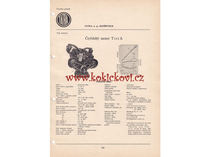 ČTYŘDOBÝ MOTOR T 111 PRO TATRA 111 R,S,N, C A R - KATALOGOVÝ LIST - A4- 1 LIST