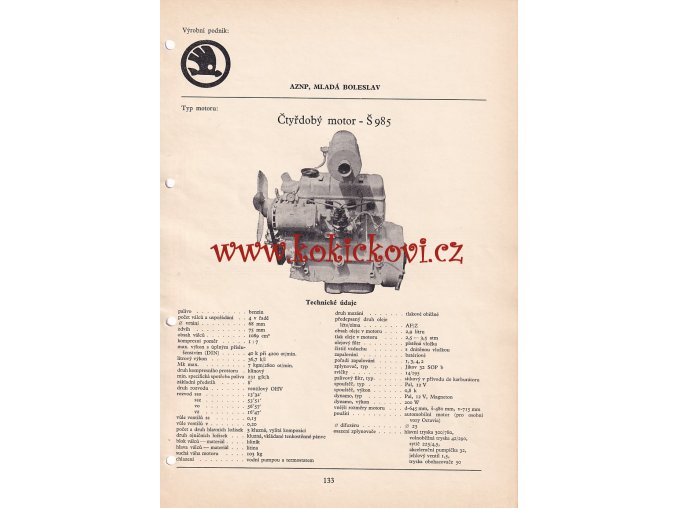 ČTYŘDOBÝ MOTOR Š 985 PRO ŠKODA OCTAVIA - KATALOGOVÝ LIST - A4- 1 LIST