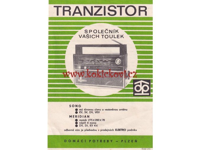 TRANZISTOR SONG A MERIDIAN - REKLAMNÍ PROSPEKT DOMÁCÍ POTŘEBY PLZEŇ A5 1 LIST 2 STRANY
