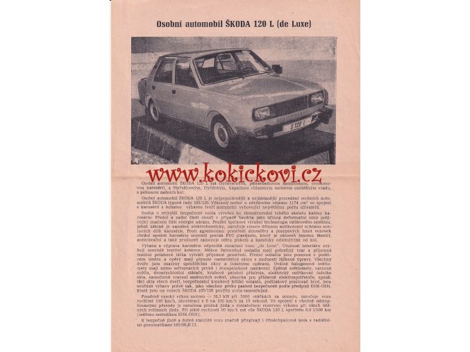 OSOBNÍ AUTOMOBIL ŠKODA 120 L (DE LUXE) - REKLAMNÍ PROSPEKT A4 - ODBOR PROPAGACE AZNP MLADÁ BOLESLAV - ORIGINÁL - 80. LÉTA