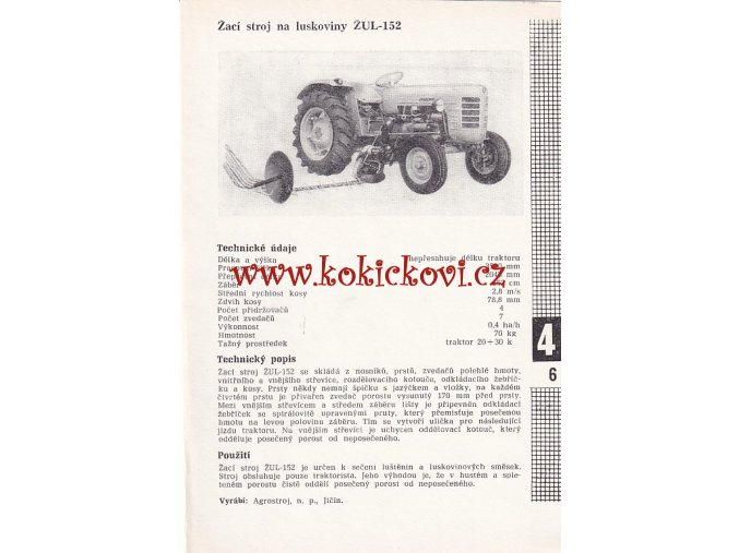 ŽACÍ STROJ NA LUSKOVINY ŽUL - 152 AGROSTROJ JIČÍN  - REKL. PROSPEKT
