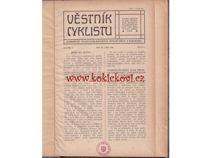 Věstník cyklistů, ročník 1. 1908/09, čísla 1-6 kolo bicykl cyklistika - LUXUSNÍ DÁREK K JUBILEU PRO CYKLISTU
