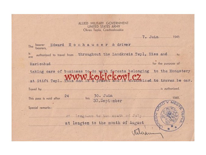 RARITA - AMERICKÁ PROPUSTKA PRO KLÁŠTER TEPLÁ Z ROKU 1945- americký hlavičkový papír, české kulaté razítko města Teplá pro oblasti Teplá, Mariánské Lázně a Stříbro