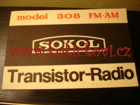 TRANZISTOROVÉ RÁDIO SOKOL MODEL 308 FM - AM - NÁVOD K OBSLUZE RUSKY A ANGLICKY