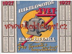 ELEKTROMOTOR SVET - REKLAMNÍ PLAKÁT S KALENDÁŘEM NA ROK 1927 / PROSPEKT - Bratří Richtrové BRNO ŽIDENICE - KRESBA ČEJKA