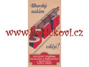 REKLAMNÍ ÚČTENKA UHERSKÝ SALÁM - ROZMĚRY 7 * 15 CM - továrna na salám a poživatiny Hodice pošta Třešť