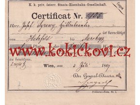 ŽELEZNICE JÍZDENKA 1867 - K.k. priv. Österr. Staats-Eisenbahn-Gesellschaft certificat 1867 fahrkarten