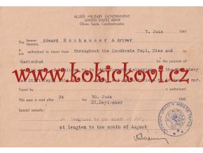 RARITA - AMERICKÁ PROPUSTKA PRO KLÁŠTER TEPLÁ Z ROKU 1945- americký hlavičkový papír, české kulaté razítko města Teplá pro oblasti Teplá, Mariánské Lázně a Stříbro