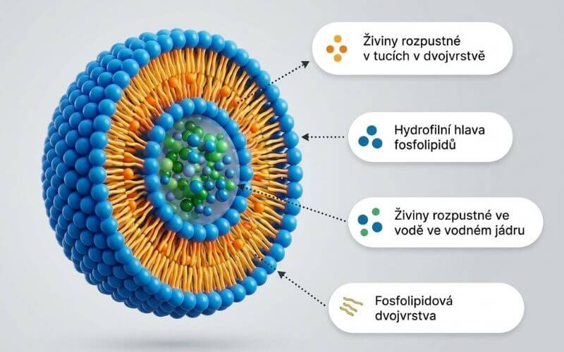 Liposom tvořený fosfolipidovou dvojvrstvou s vodným prostorem uvnitř