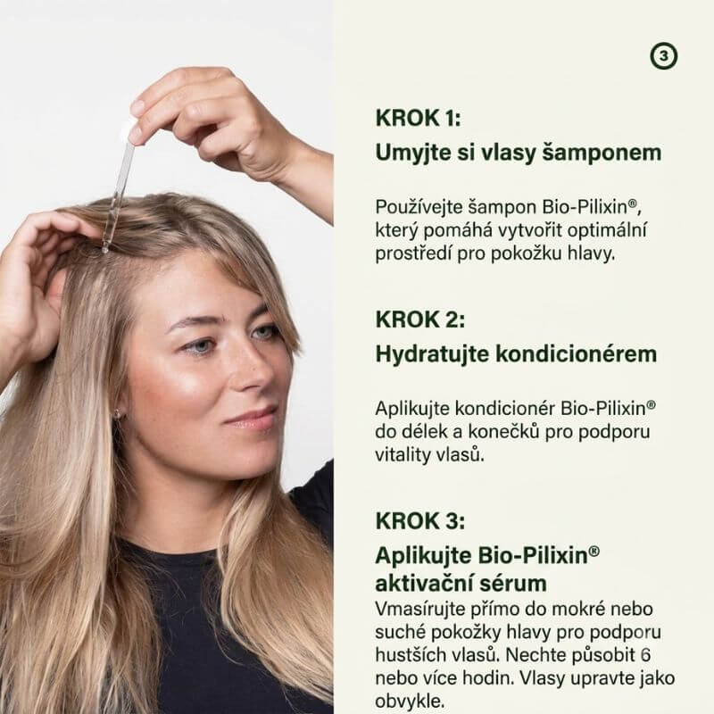 Jak správně používat šampon, kondicionér a sérum Bio-Pilixin krok za krokem