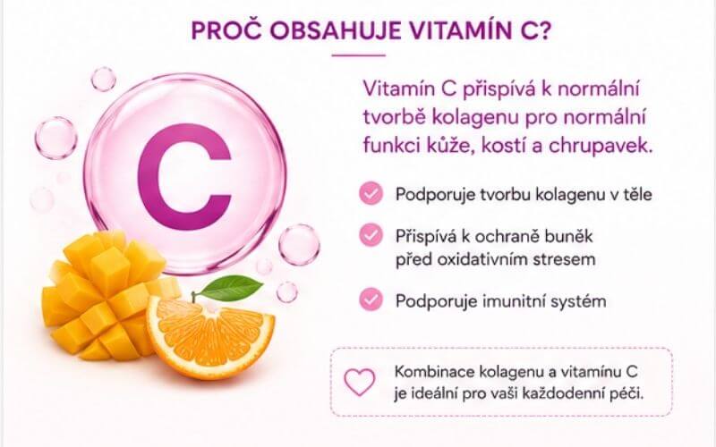 Vitamin C v produktu Collagen Beauty přispívá k normální tvorbě kolagenu pro normální funkci kůže, kostí a chrupavek