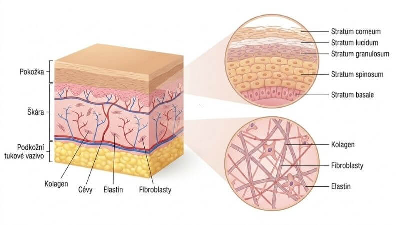 Vrstvy kůže, fibroblasty a kolagenní síť ve škáře