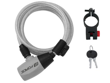 zámek F RON spirálový s držákem 185cm/8mm, čirý (Varianta držák: ano, délka: 1 800 mm, průměr: 8 mm, typ uzamykání: klíč, typ: lankový)