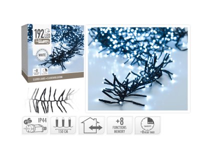 Osvětlení vánoční řetěz 1,5m 192LED studená bílá 8 funkcí s časovačem