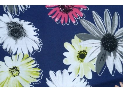 Látka bavlna / spandex, modrá košeľová džínsovina 2523 s kvetmi