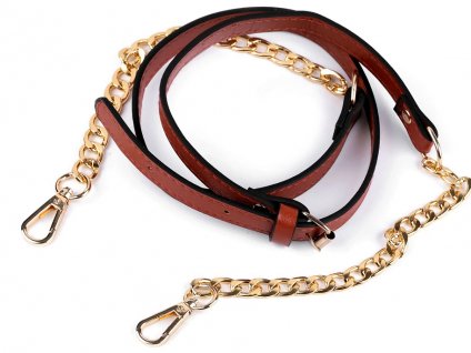Koženkový popruh / ucho s retiazkou a karabínami na kabelku dĺžka 115-130 cm, hnedá koňak farba