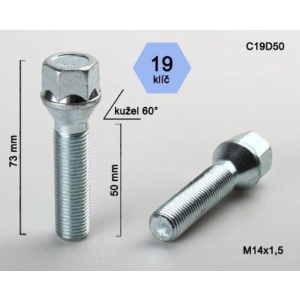 Kolový šroub M14x1,5x50 kužel, klíč 19, BIMECC
