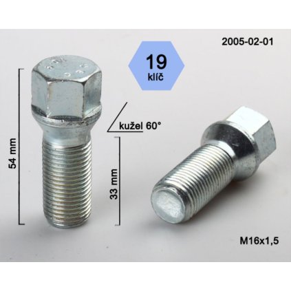 Kolový šroub M16x1,5x33 kužel, klíč 19, BIMECC