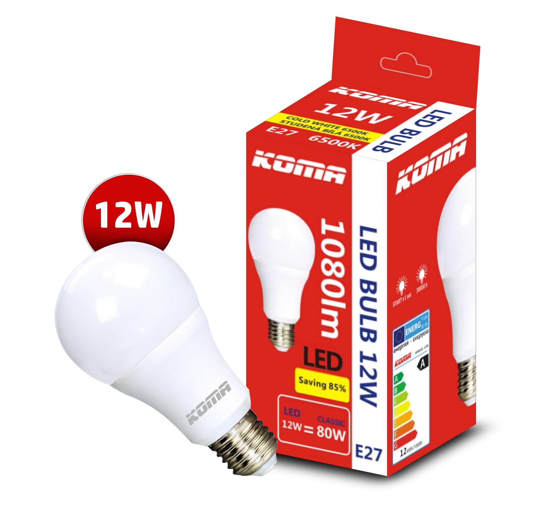 LED žárovka KOMA E27 12W, 230V, 1080lm, 20000h, 6500K studená bílá