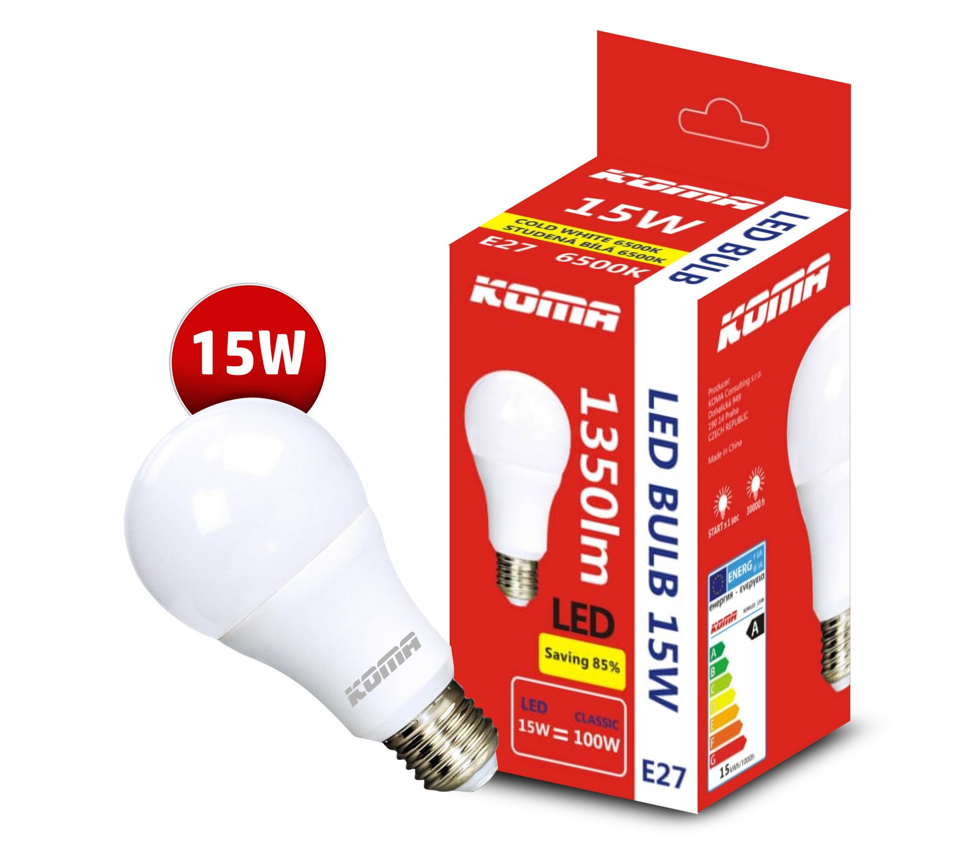 LED žárovka KOMA E27 15W, 230V, 1350lm, 20000h, 6500K studená bílá