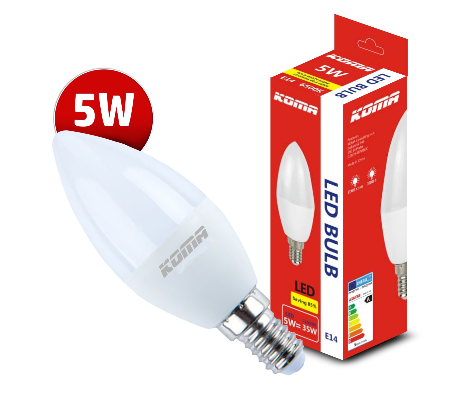 LED žárovka KOMA E14 5W, svíčka, 230V, 400lm, 30000h, 6500K studená bílá