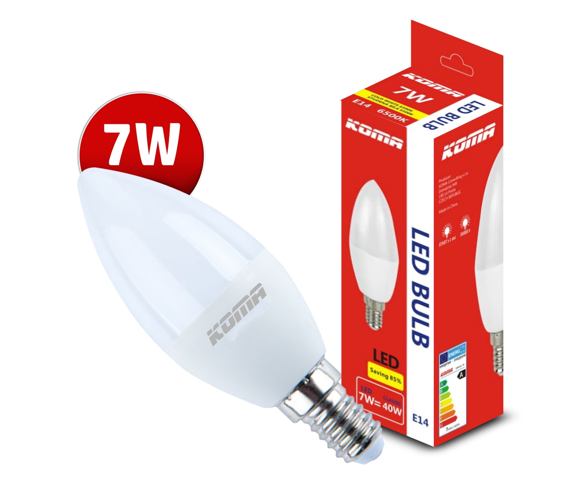 LED žárovka KOMA E14 7W, svíčka, 230V, 560lm, 30000h, 6500K studená bílá