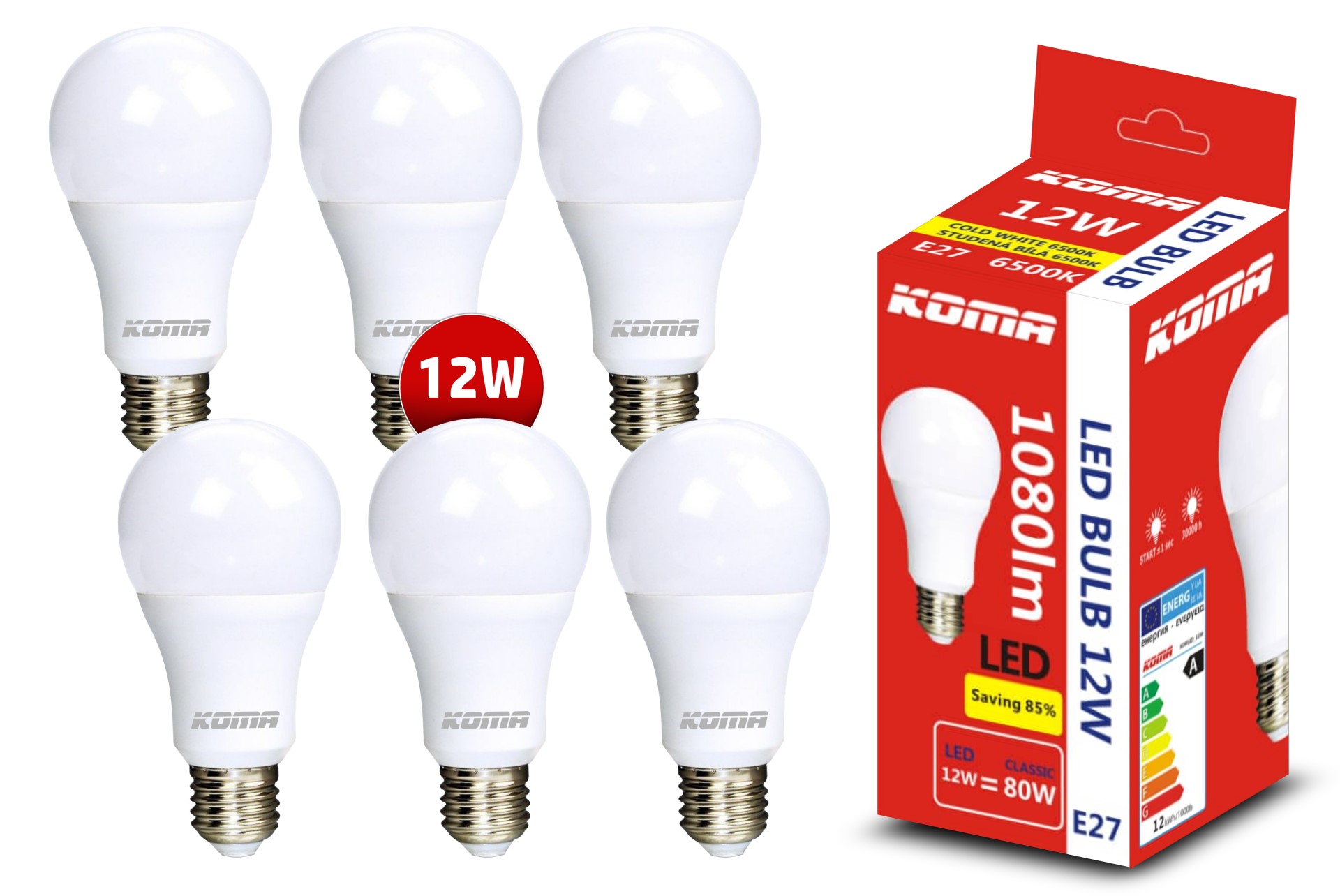 Sada 6ks LED žárovek KOMA E27 12W, 230V, 1080lm, 20000h, 6500K studená bílá