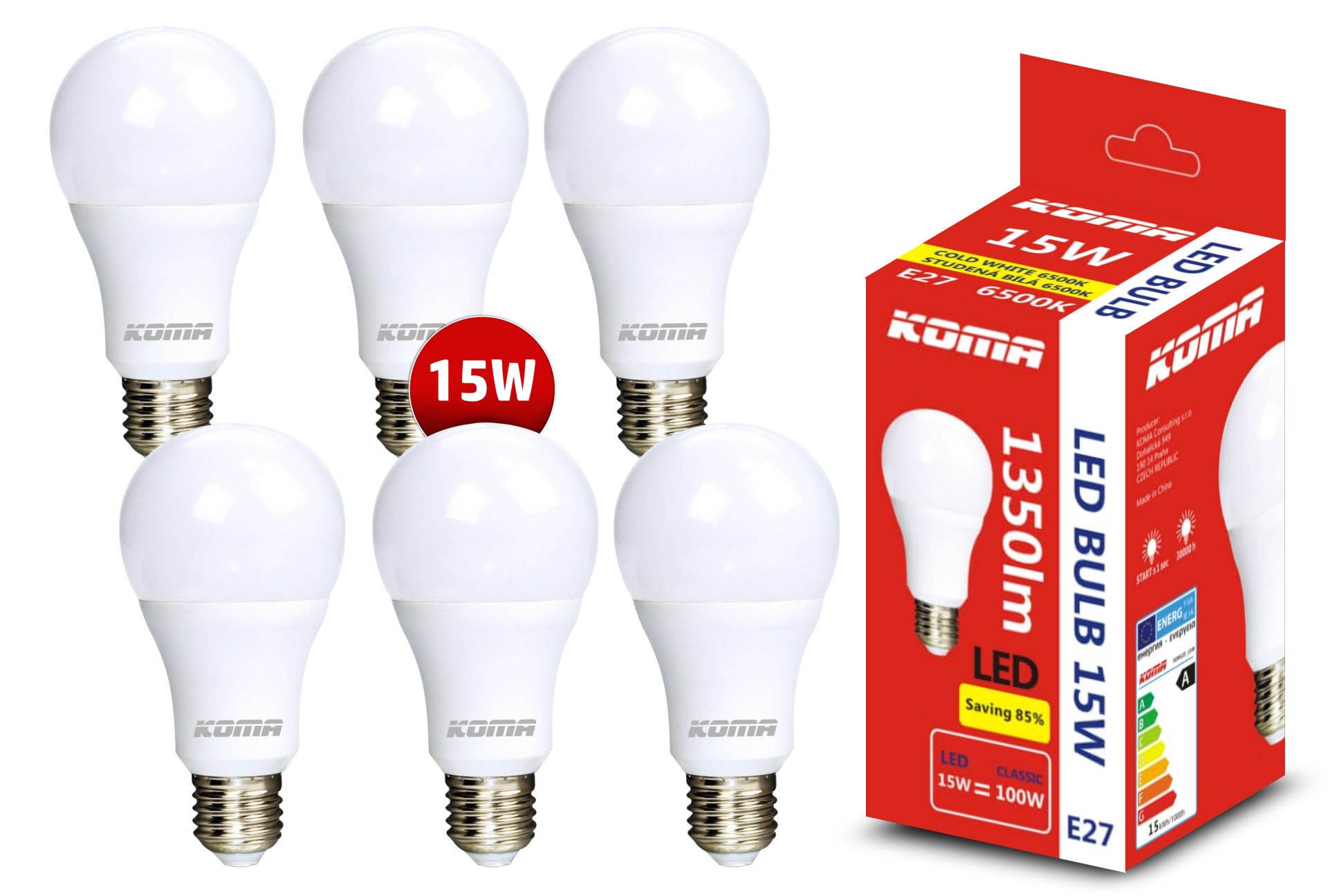 Sada 6ks LED žárovek KOMA E27 15W, 230V, 1350lm, 20000h, 6500K studená bílá