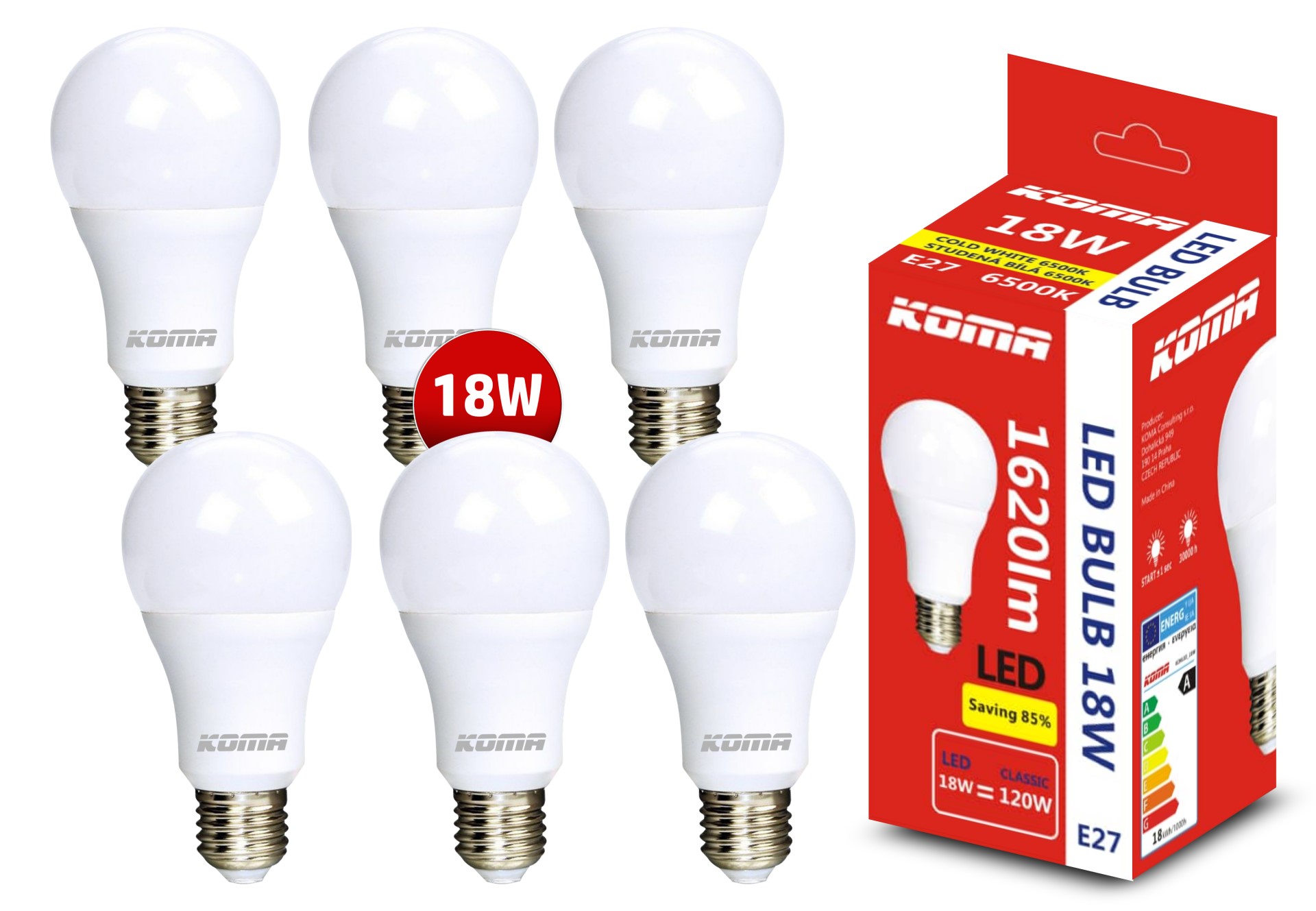 Sada 6ks LED žárovek KOMA E27 18W, 230V, 1620lm, 20000h, 6500K studená bílá