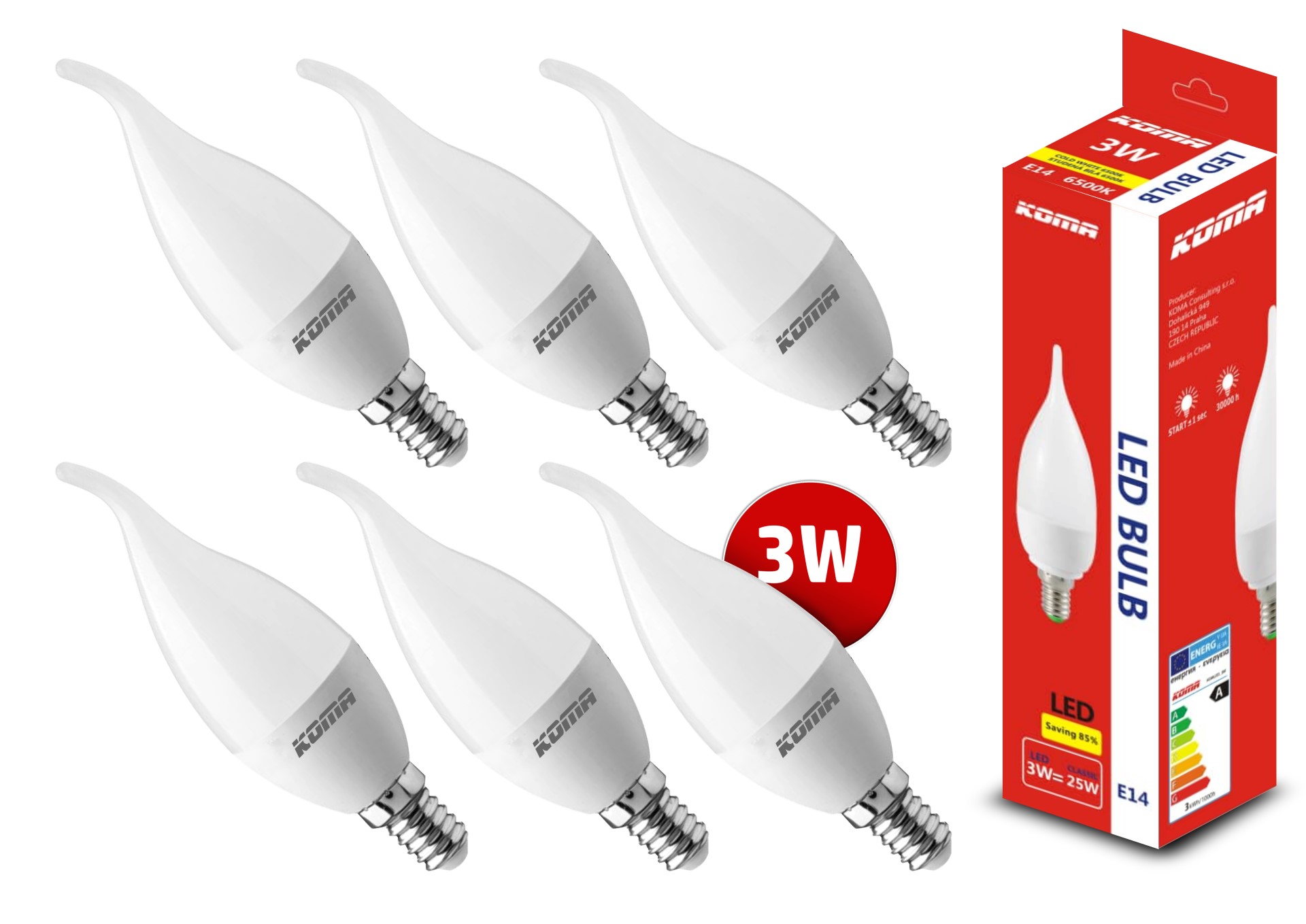 Sada 6ks LED žárovek KOMA E14 3W, svíčka, 230V, 240lm, 30000h, 6500K studená bílá