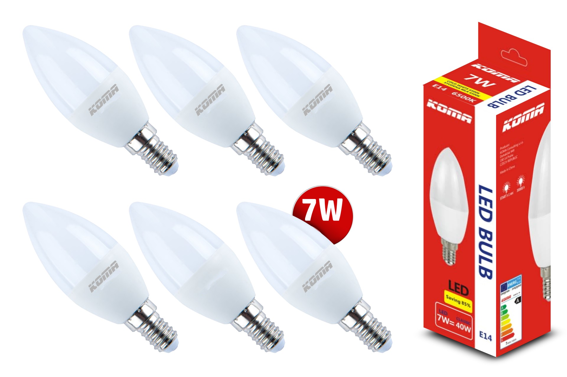 Sada 6ks LED žárovek KOMA E14 7W, svíčka, 230V, 560lm, 30000h, 6500K studená bílá