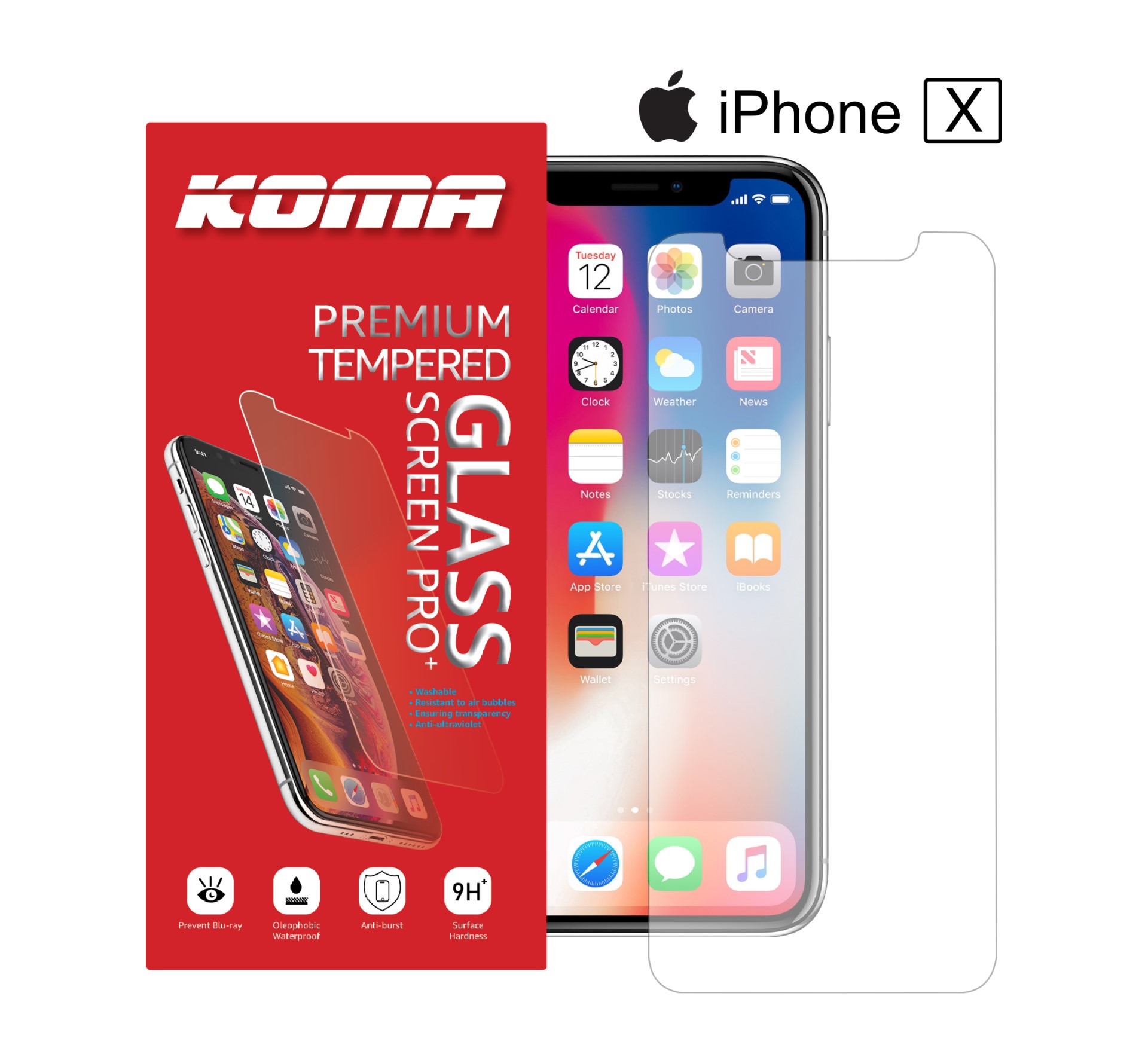 KOMA Ochranné tvrzené sklo pro iPhone X, zaoblení 2.5 D, tvrdost 9H