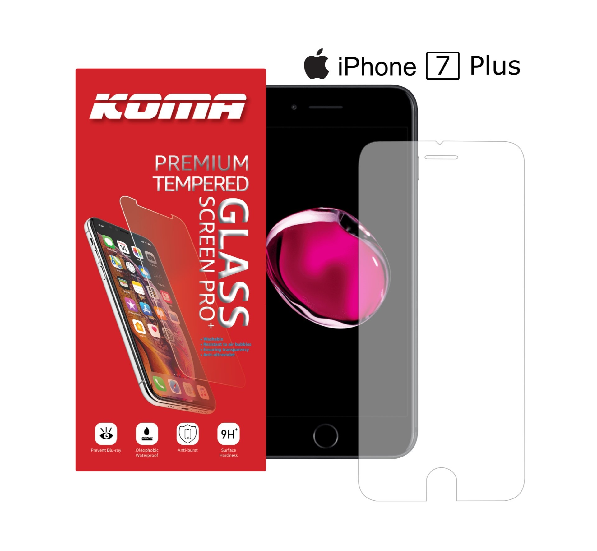 KOMA Ochranné tvrzené sklo pro iPhone 7 Plus, zaoblení 2.5 D, tvrdost 9H