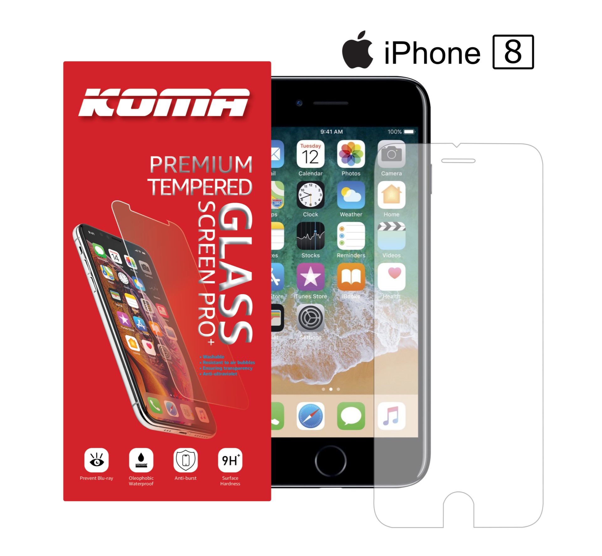 KOMA Ochranné tvrzené sklo pro iPhone 8, zaoblení 2.5 D, tvrdost 9H