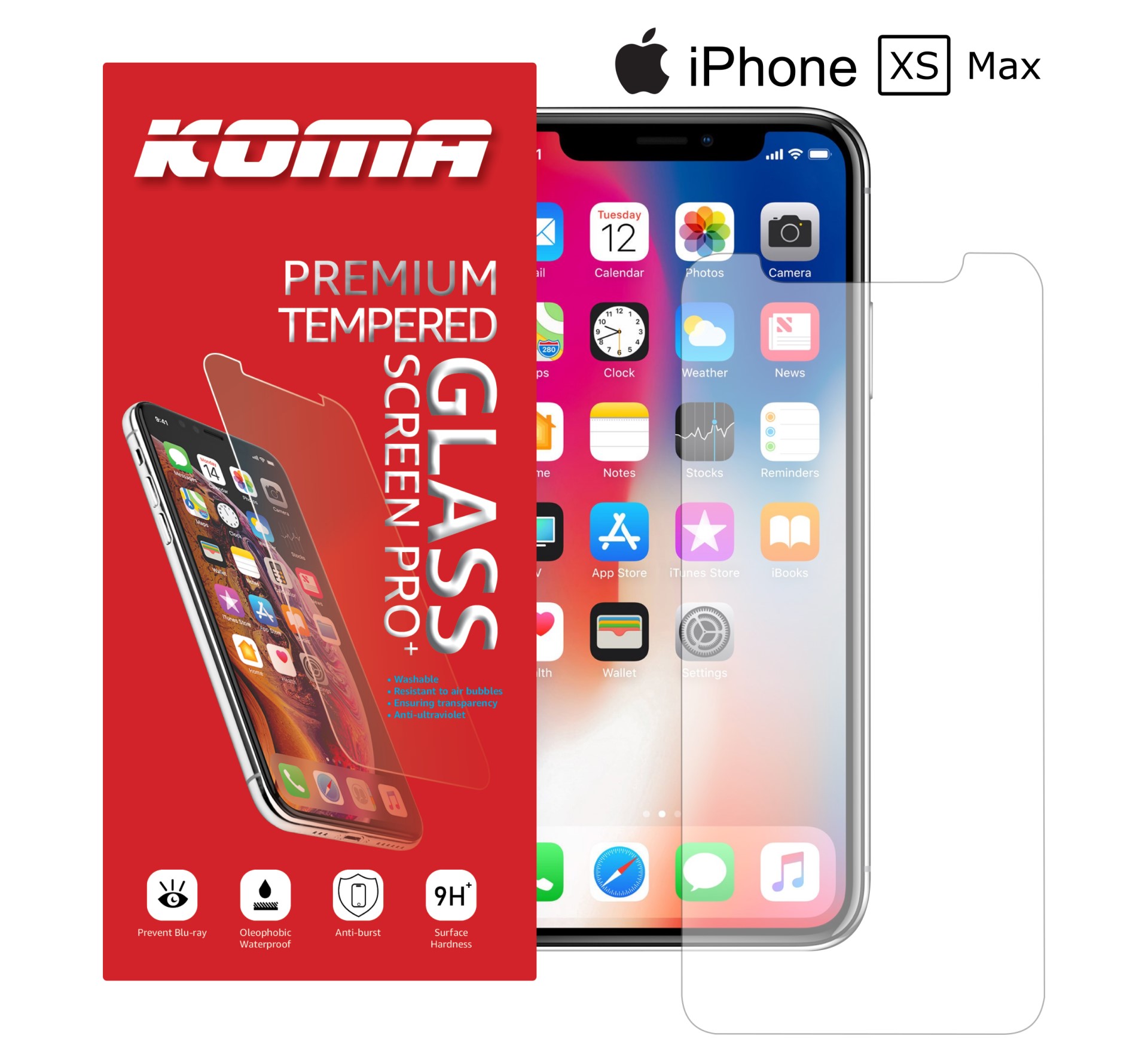 KOMA Ochranné tvrzené sklo pro iPhone XS Max, zaoblení 2.5 D, tvrdost 9H