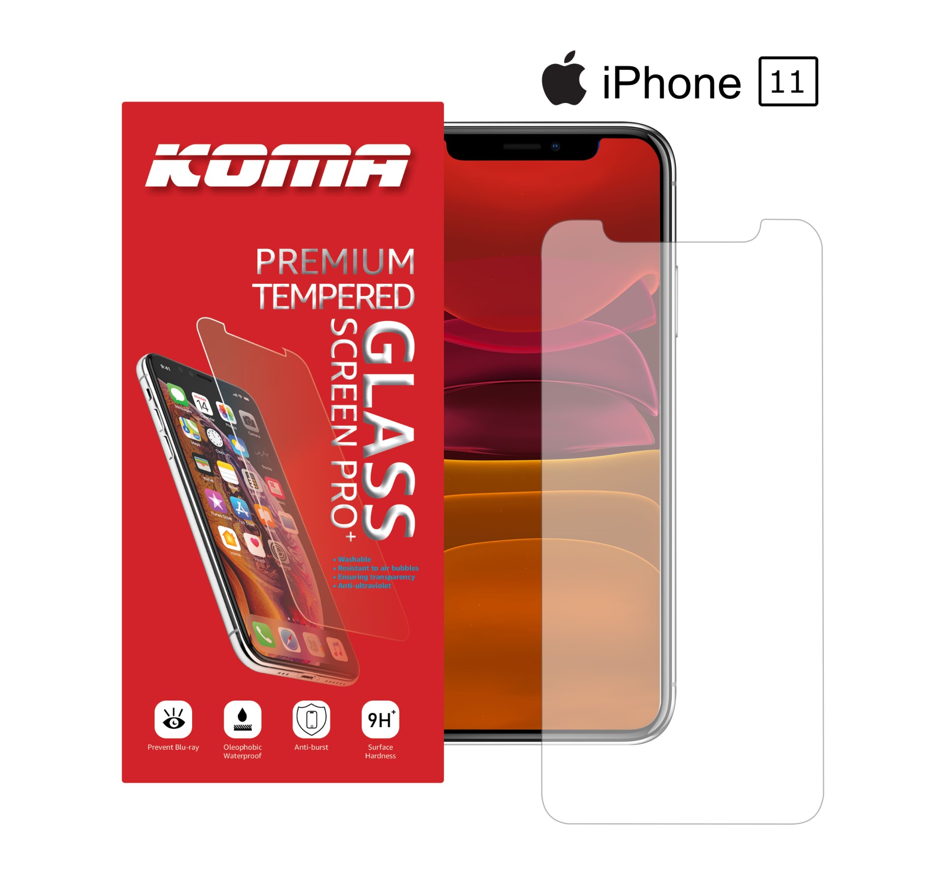 KOMA Ochranné tvrzené sklo pro iPhone 11, zaoblení 2.5 D, tvrdost 9H