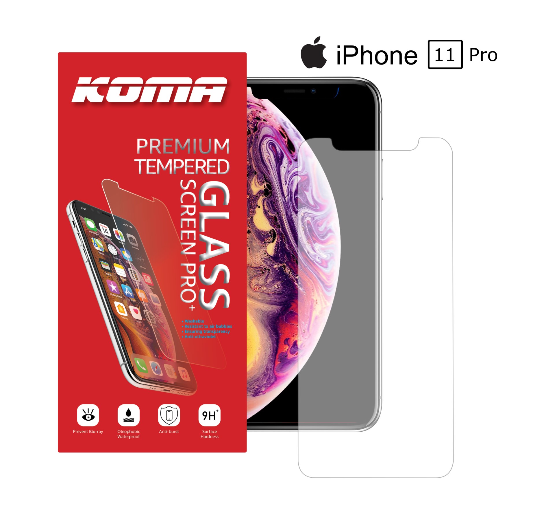 KOMA Ochranné tvrzené sklo pro iPhone 11 Pro, zaoblení 2.5 D, tvrdost 9H