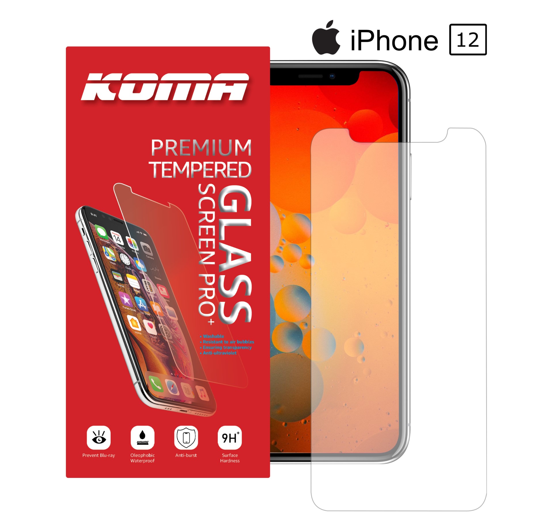 KOMA Ochranné tvrzené sklo pro iPhone 12, zaoblení 2.5 D, tvrdost 9H