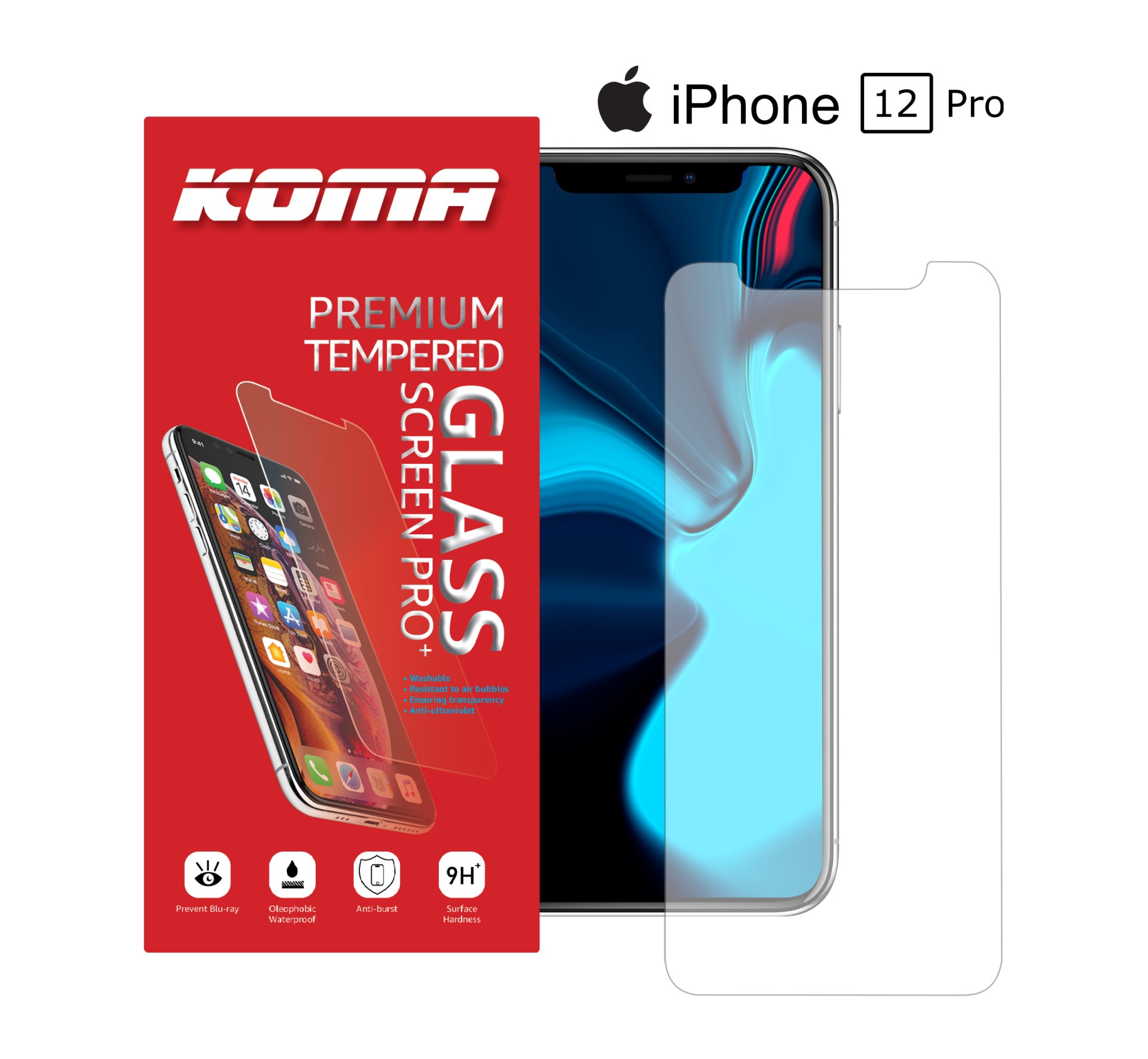 KOMA Ochranné tvrzené sklo pro iPhone 12 Pro, zaoblení 2.5 D, tvrdost 9H
