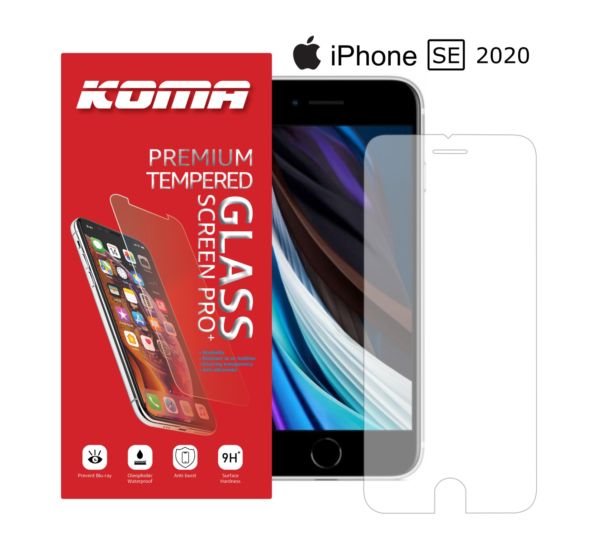 KOMA Ochranné tvrzené sklo pro iPhone SE 2020, zaoblení 2.5 D, tvrdost 9H