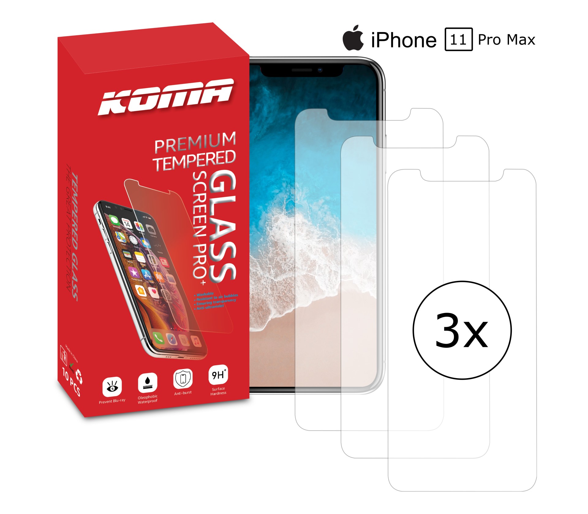KOMA Sada 3 ochranných tvrzených skel pro iPhone 11 Pro Max, zaoblení 2.5 D, tvrdost 9H