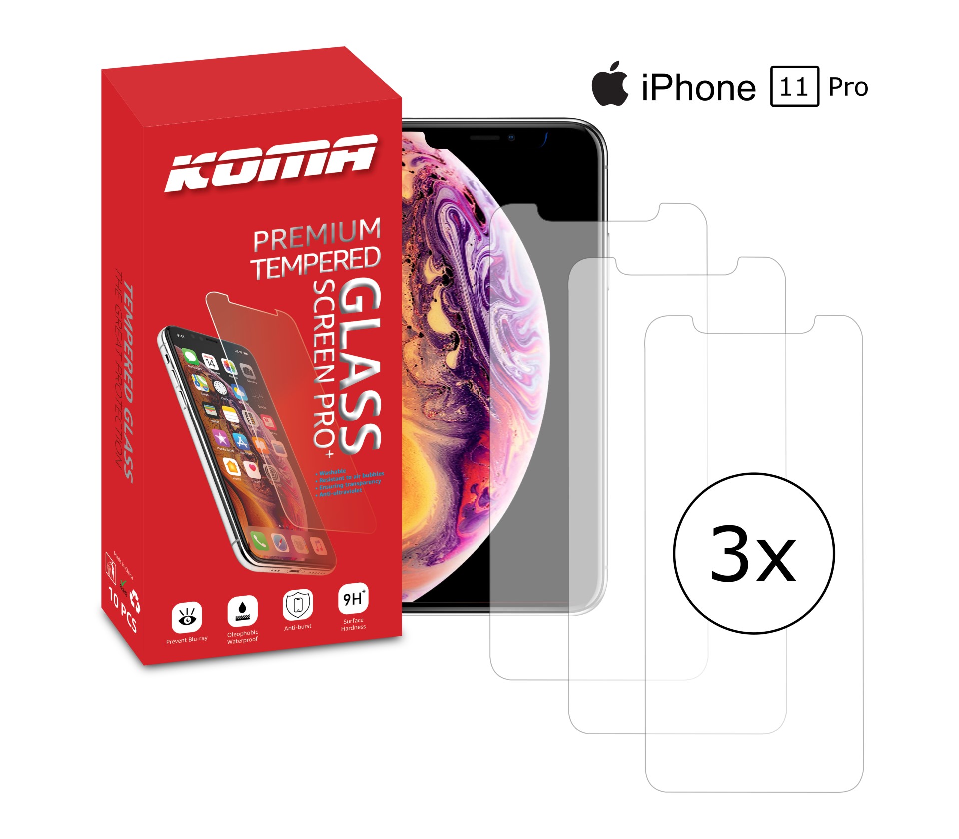 KOMA Sada 3 ochranných tvrzených skel pro iPhone 11 Pro, zaoblení 2.5 D, tvrdost 9H